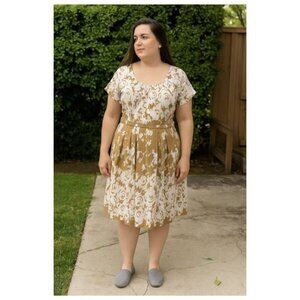 eSHAKTI Woven Crinkle Short Sleeve Midi Dress Full Skirt Lined, White/Tan - XL